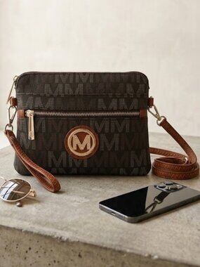 MKF Collection Heidi Monogram Crossbody Bag Wristlet Wallet Brown Vegan Leather